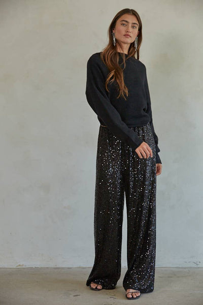 L7584 | Sequin Wide Leg Pants: Black / L