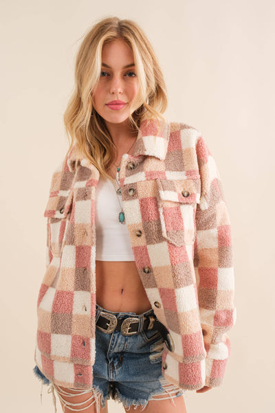 32845J - Checkered Teddy Chest Pocket Oversized Jacket: PINK / L