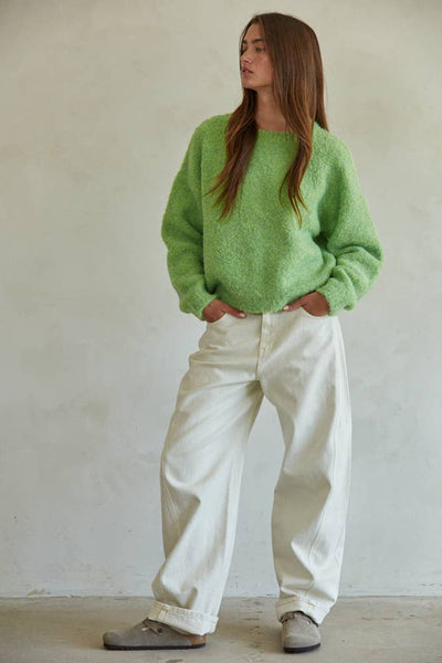 W1593 | Knit Sweater Long Sleeve Pullover Top: Lime Green / S