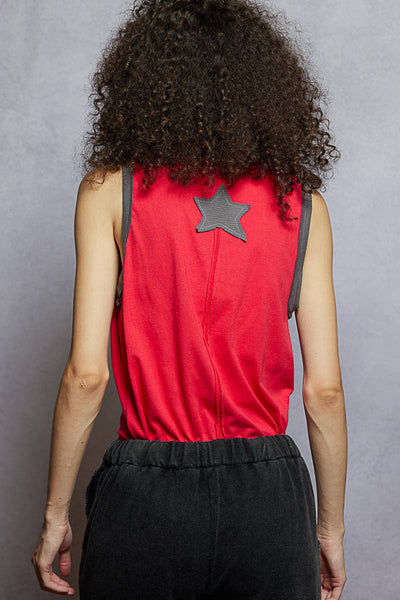 V-neck Sleeveless Front Star Patches Solid Basic Top SALE: NAVY / S