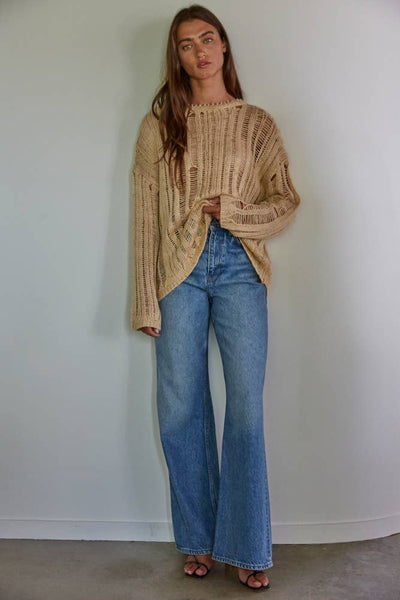 W1715 | Knit Sweater Crochet Pullover Top: Natural / S