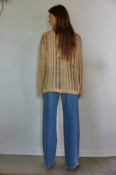 W1715 | Knit Sweater Crochet Pullover Top: Natural / L