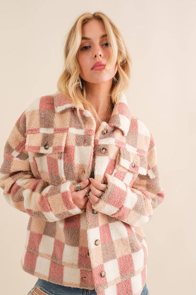 32845J - Checkered Teddy Chest Pocket Oversized Jacket: PINK / L