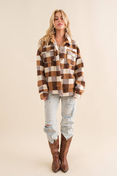 32845J - Checkered Teddy Chest Pocket Oversized Jacket: PINK / L