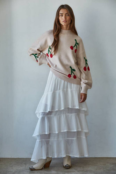 W2269 | Knit Sweater Acrylic Polyester Spandex Cherry Print: Warm Taupe / S