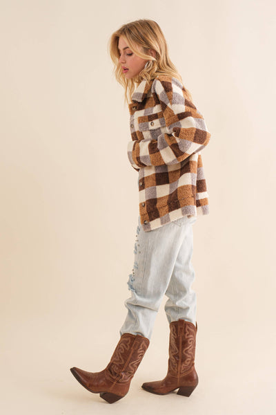 32845J - Checkered Teddy Chest Pocket Oversized Jacket: PINK / L