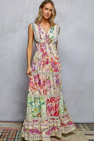 Feminine V-neck Smocked Waist Ruffle Floral Maxi Dress: CREAM MULTI / S