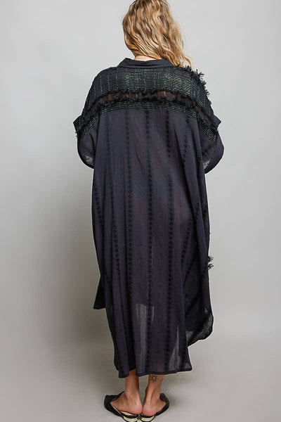 Dangle Trim Textured Cotton Oversized Long Shirt Dress