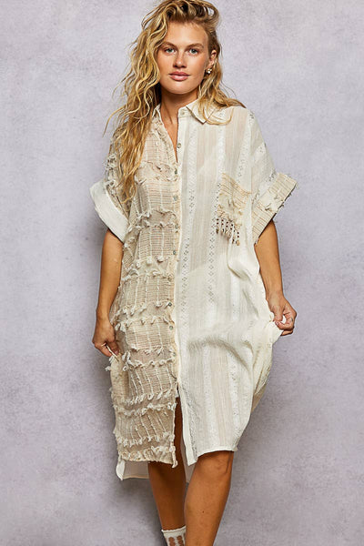 Dangle Trim Textured Cotton Oversized Long Shirt Dress