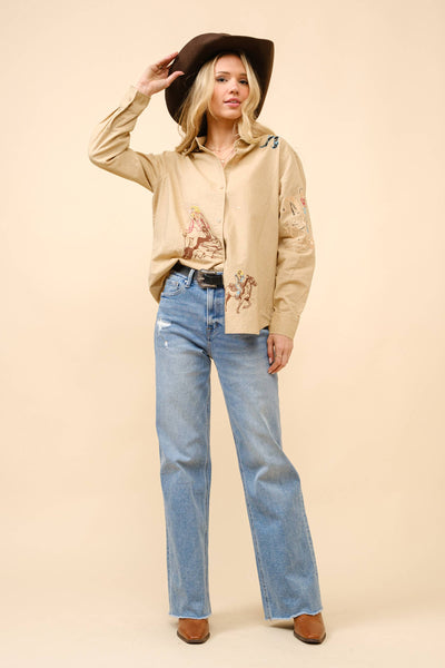 22894T -  Western Cowgirl Motif Button Up Linen Shirt Blouse: CAMEL / S-M-L (2-2-2)