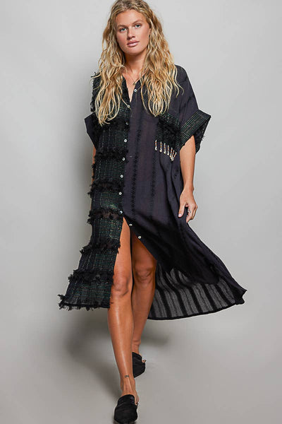 Dangle Trim Textured Cotton Oversized Long Shirt Dress