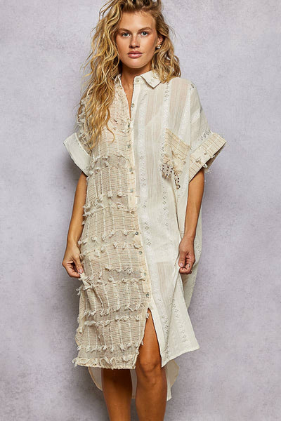 Dangle Trim Textured Cotton Oversized Long Shirt Dress