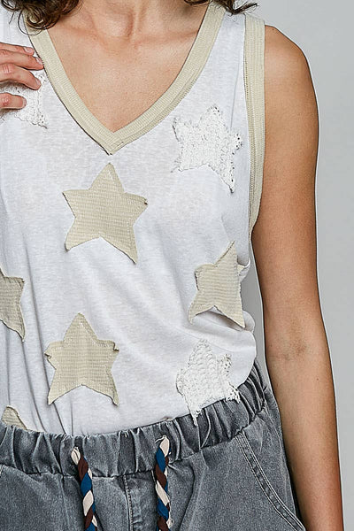 V-neck Sleeveless Front Star Patches Solid Basic Top SALE: NAVY / S