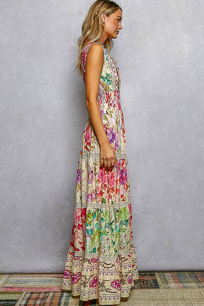 Feminine V-neck Smocked Waist Ruffle Floral Maxi Dress: CREAM MULTI / S